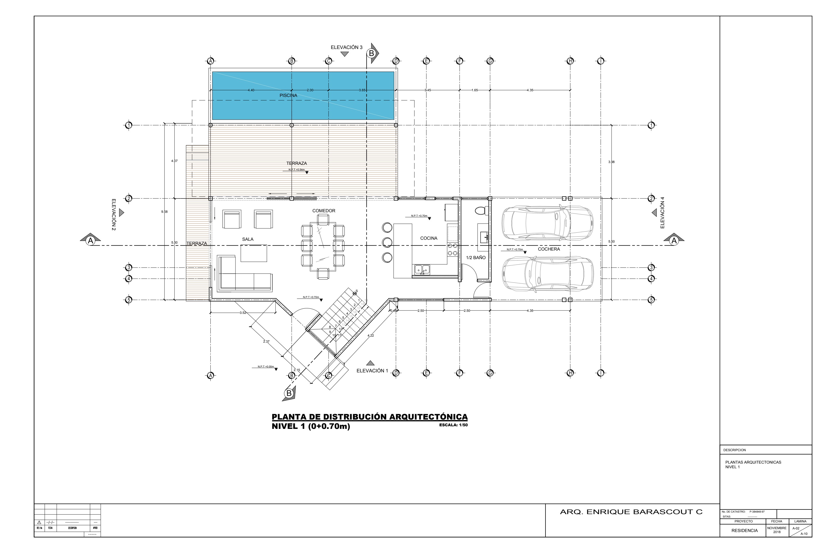 Level 1 architectural plan — living room, dining room, kitchen, terrace, and pool.